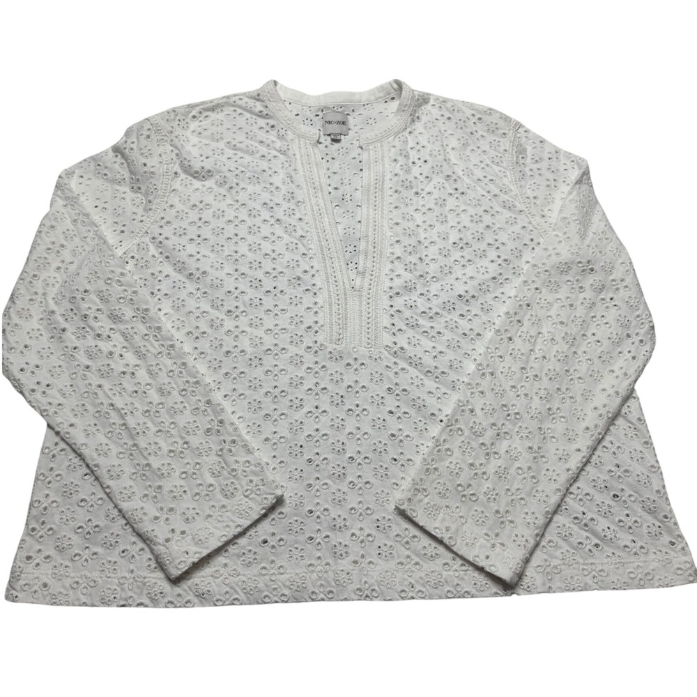 Nic+Zoe Womens XL White Eyelet Embroidery Split Neck Cotton Blouse S251066